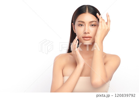 Beautiful young asian woman with clean fresh skin on white background, Face care, Facial treatment, Cosmetology, beauty and spa, Asian women portrait. Beautiful young asian woman with clean fresh skin on white background, Face care, Facial treatment, Cosmetology, beauty and spa, Asian women portrait. 120839792