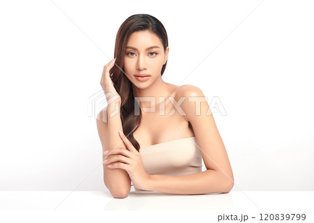 Beautiful young asian woman with clean fresh skin on white background, Face care, Facial treatment, Cosmetology, beauty and spa, Asian women portrait. Beautiful young asian woman with clean fresh skin on white background, Face care, Facial treatment, Cosmetology, beauty and spa, Asian women portrait. 120839799