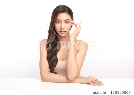 Beautiful young asian woman with clean fresh skin on white background, Face care, Facial treatment, Cosmetology, beauty and spa, Asian women portrait. 120839802