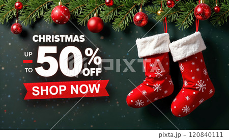Christmas sale banner template Santa Claus Christmas hanging socks decoration, 50% off lettering  120840111