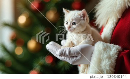 Santa Claus hand in white glove holding little white kitten, blurred Christmas tree with garland on background. Success, happiness, dream. 120840144