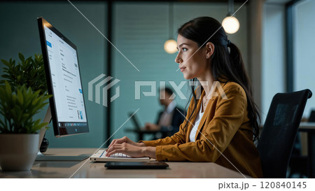 Young professional it specialist latin hispanic business lady working on laptop pc sitting at desk in modern office space. 30s middle eastern indian woman using computer technology app for work online 120840145
