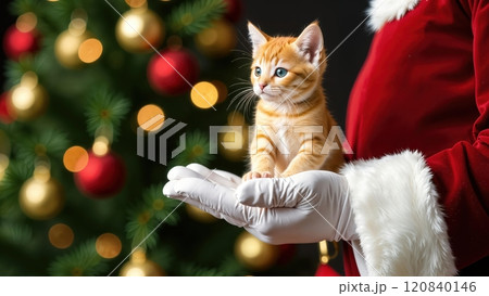 Santa Claus hand in white glove holding little ginger kitten, blurred Christmas tree with garland on background. Success, happiness, dream. 120840146