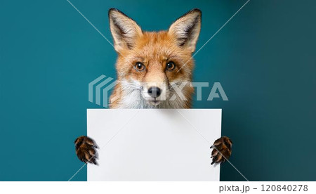 青い背景に看板を掲げる表情豊かなキツネのポートレート 120840278