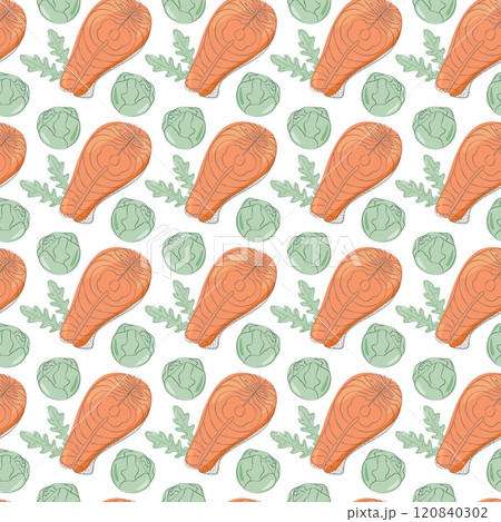 Salmon steaks, arugula leaves and brussels sprout heads Seamless pattern. Healthy food background Salmon steaks, arugula leaves and brussels sprout heads Seamless pattern. Healthy food background 120840302