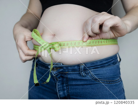Obesity and overweight from overeating. Big belly tied with measuring tape as a gift. Body fat from candies and sweets Obesity and overweight from overeating. Big belly tied with measuring tape as a gift. Body fat from candies and sweets 120840335