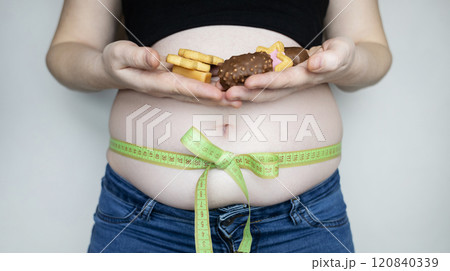 Obesity and overweight from overeating. Big belly tied with measuring tape as a gift. Body fat from candies and sweets Obesity and overweight from overeating. Big belly tied with measuring tape as a gift. Body fat from candies and sweets 120840339