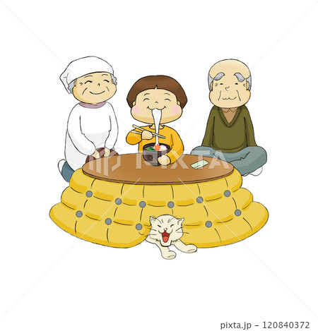 雑煮を食べる子供とおじいちゃんおばあちゃん 白背景 120840372