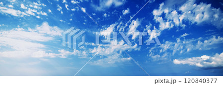 background of blue sky with white fluffy clouds. Panorama of the sky in morning in summer 120840377