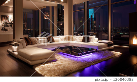 洗練された都心のペントハウスリビング 120840388