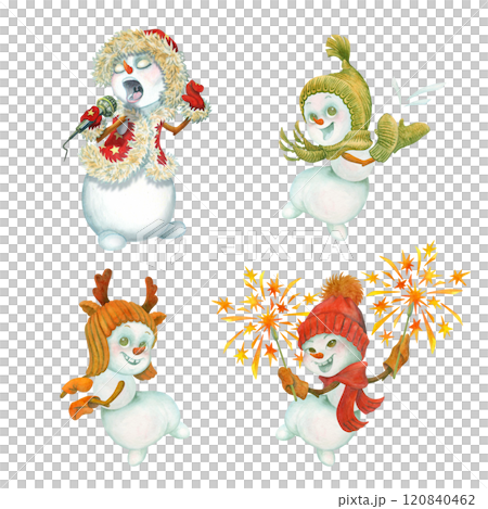 Funny snowmen. Watercolor set of cartoon dancing and singing snowmen isolated on white background for design of winter holiday cards and posters, kids magazine illustration, t-shirts or bags prints 120840462