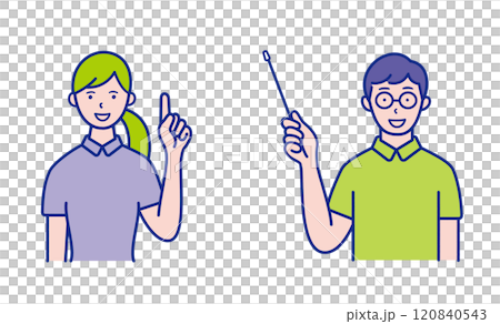 指差しポーズの女性と指し棒を持った男性の上半身イラスト素材【セット】 120840543