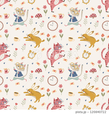 funny animals surrounded by flowers and objects on a white background. seamless pattern 120840722