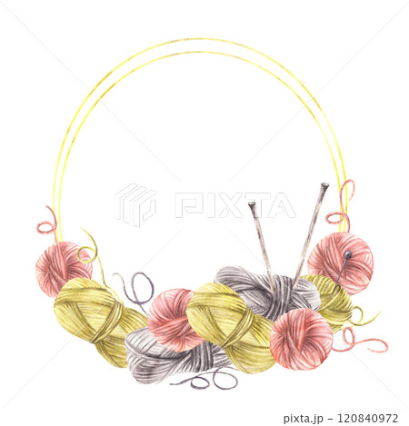 Balls of yarn, threads Hobby knitting circle frame. Skeins of string with knitting needles Handicrafts, needlework product label, gift card. Watercolor hand drawn illustration isolated from background Balls of yarn, threads Hobby knitting circle frame. Skeins of string with knitting needles Handicrafts, needlework product label, gift card. Watercolor hand drawn illustration isolated from background 120840972