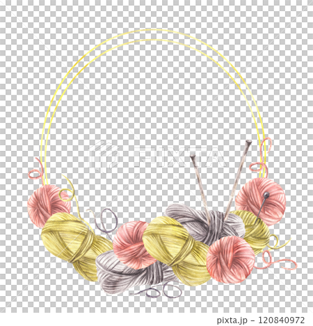 Balls of yarn, threads Hobby knitting circle frame. Skeins of string with knitting needles Handicrafts, needlework product label, gift card. Watercolor hand drawn illustration isolated from background Balls of yarn, threads Hobby knitting circle frame. Skeins of string with knitting needles Handicrafts, needlework product label, gift card. Watercolor hand drawn illustration isolated from background 120840972