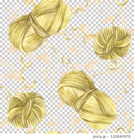 Skein of knitting thread seamless pattern on watercolor pink splashes spotted background. Green yellow pastel coloured ball of yarn. Hand drawn illustration. Handmade hobby fabric. Isolated clipart 120840976