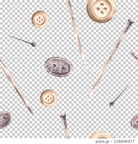 Buttons, knitting needles, hooks, sewing pins seamless pattern. Needlework, handicrafts and sewing set beige, grey pastel coloured. Watercolor fabric, hand drawn illustration isolated from background 120840977
