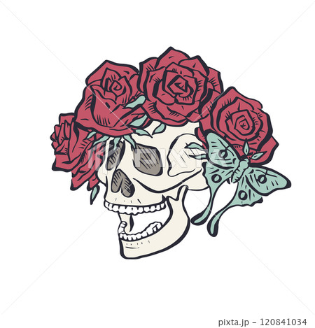 Hand drawn floral human skull with rose wreath isolated on white background 120841034