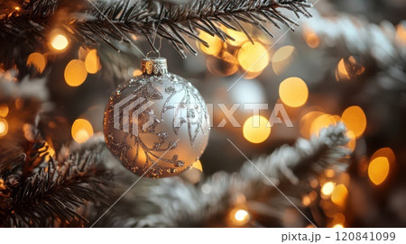 Holiday decorations on a festive Christmas tree Holiday decorations on a festive Christmas tree 120841099