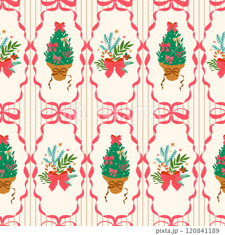 Christmas coquette seamless pattern Pink bow, ribbons, preppy Christmas tree. Grandmillennial vector damask wallpaper. Christmas coquette seamless pattern Pink bow, ribbons, preppy Christmas tree. Grandmillennial vector damask wallpaper. 120841189