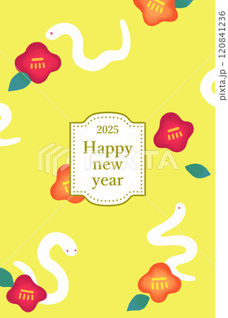 2025年 年賀状縦 可愛い巳と椿のイラスト 2025年 年賀状縦 可愛い巳と椿のイラスト 120841236