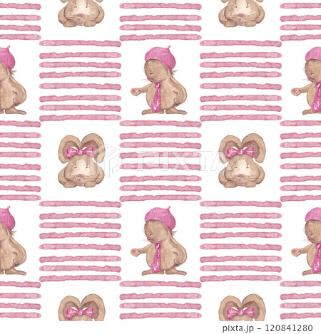 Cute beige bunnies and horizontal short pink lines forming squares. Checkered print. Abstract seamless watercolor pattern. Perfect for kitchen textile and wallpaper, tablecloths and scarves Cute beige bunnies and horizontal short pink lines forming squares. Checkered print. Abstract seamless watercolor pattern. Perfect for kitchen textile and wallpaper, tablecloths and scarves 120841280