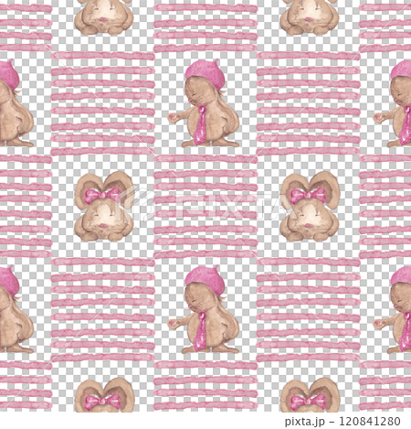 Cute beige bunnies and horizontal short pink lines forming squares. Checkered print. Abstract seamless watercolor pattern. Perfect for kitchen textile and wallpaper, tablecloths and scarves Cute beige bunnies and horizontal short pink lines forming squares. Checkered print. Abstract seamless watercolor pattern. Perfect for kitchen textile and wallpaper, tablecloths and scarves 120841280