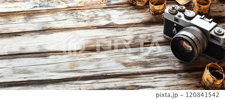 A vintage film camera rests on a rustic wooden table, surrounded by rolls of film and bathed in warm, natural light. 120841542