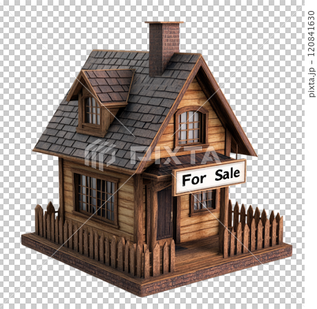 A charming wooden cottage with a shingled roof and a brick chimney displays a "For Sale" sign. 120841630