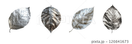Four metallic leaves, varying in shades of silver, are arranged in a row on a neutral background. 120841673