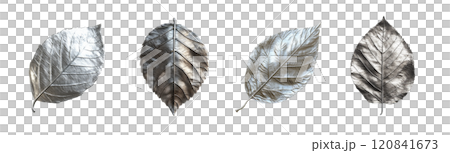 Four metallic leaves, varying in shades of silver, are arranged in a row on a neutral background. 120841673