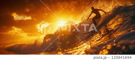 夕焼けと波に挑むサーファー 夕焼けと波に挑むサーファー 120841694