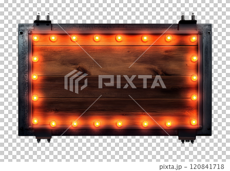 A rustic wooden board with warm orange lights illuminating its edges, isolated on a transparent background. A rustic wooden board with warm orange lights illuminating its edges, isolated on a transparent background. 120841718
