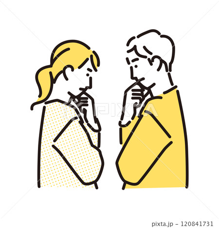 シンプル　イラスト　悩みを抱える若い夫婦の男性と女性 120841731