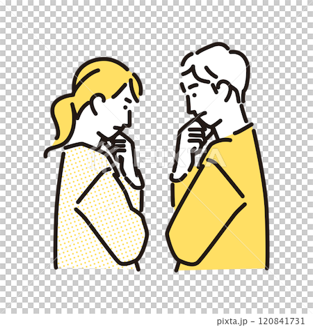 シンプル　イラスト　悩みを抱える若い夫婦の男性と女性 120841731