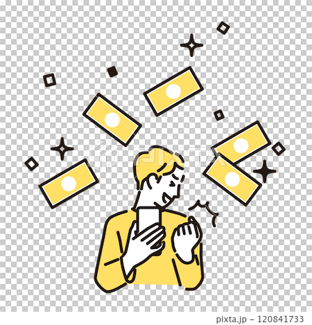 シンプル　イラスト　喜ぶ若い男性と舞い上がるお札 120841733