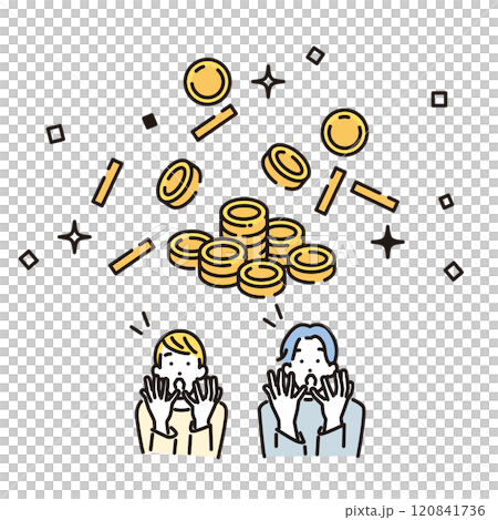 シンプル　イラスト　舞い踊るコインに狂喜乱舞する若い男性と女性 120841736