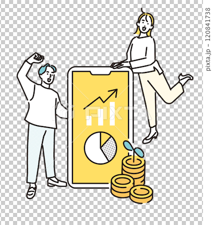 Simple illustration: Young man and woman managing assets with smartphone Simple illustration: Young man and woman managing assets with smartphone 120841738