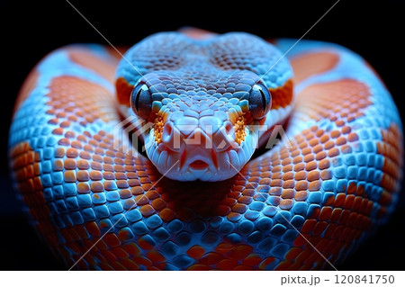 Vivid Blue and Orange Snake with Detailed Scales in Studio Lighting Generative AI 120841750