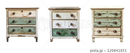 Three vintage dressers with distressed paint finishes and unique hardware are displayed in a row on a neutral background. 120841851