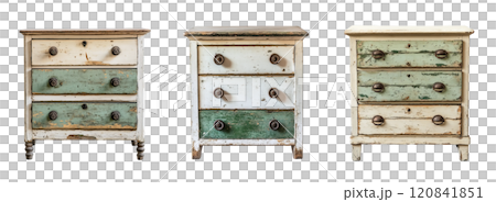 Three vintage dressers with distressed paint finishes and unique hardware are displayed in a row on a neutral background. 120841851