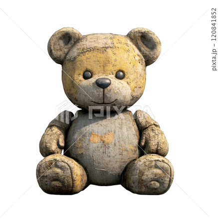 A worn teddy bear with yellow patches and a friendly smile sits on a transparent background. 120841852