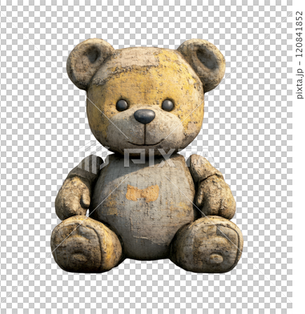 A worn teddy bear with yellow patches and a friendly smile sits on a transparent background. 120841852