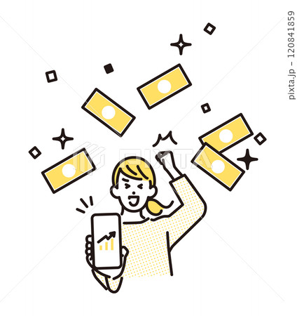 シンプル　イラスト　喜ぶ若い女性と舞い上がるお札 120841859