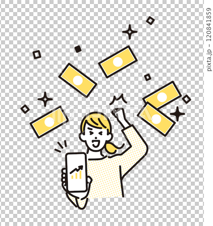 シンプル　イラスト　喜ぶ若い女性と舞い上がるお札 120841859