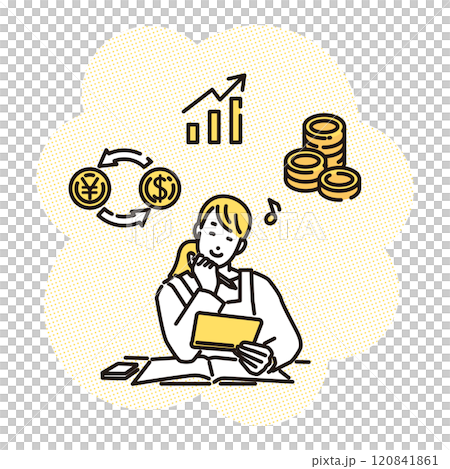 シンプル　イラスト　通帳を見ながら資産運用について考える主婦 120841861