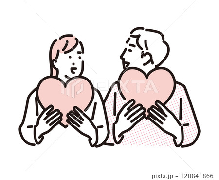 シンプル　イラスト　ハートを持って見つめ合う若い男性と女性 120841866