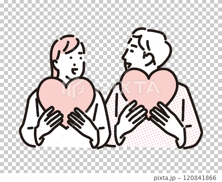 シンプル　イラスト　ハートを持って見つめ合う若い男性と女性 120841866