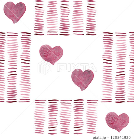 Hearts and horizontal short pink strokes forming squares. Checkered print. Abstract seamless watercolor pattern. Perfect for kitchen textile and wallpaper, tablecloths and scarves 120841920