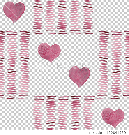 Hearts and horizontal short pink strokes forming squares. Checkered print. Abstract seamless watercolor pattern. Perfect for kitchen textile and wallpaper, tablecloths and scarves 120841920